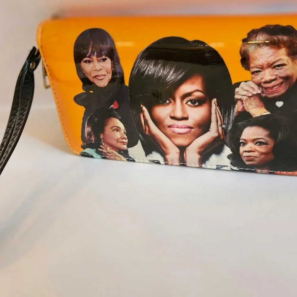 Glossy orange patent leather clutch wallet w/ images of famous women. - Picture 1 of 5
